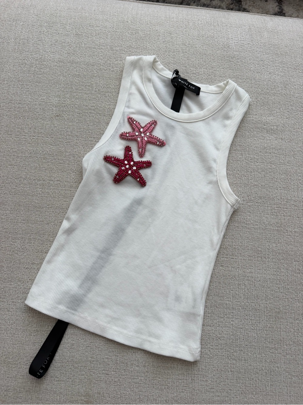 White Fox Boutique White Ribbed Tank with Pink Sequin Starfish
